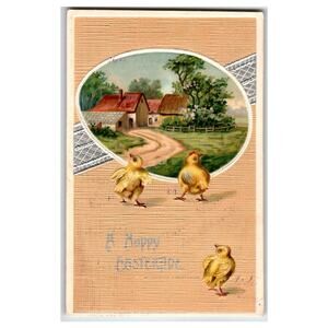 Antique 1909 Embossed Easter Postcard Chicks Farm Scene Grass Valley CA Postmark